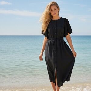 Emerson Fry Black Flutter Sleeve Maxi Shirt Dress Small